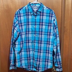 Old Navy Blue & Teal Plaid Button-Down Large Shirt Classic Timeless Fall